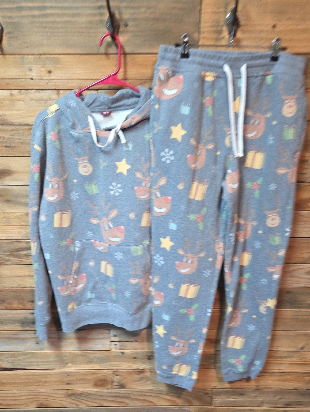 Cozy Grey Reindeer Pajama Set with Hood - Women’s Holiday Sleepwear
